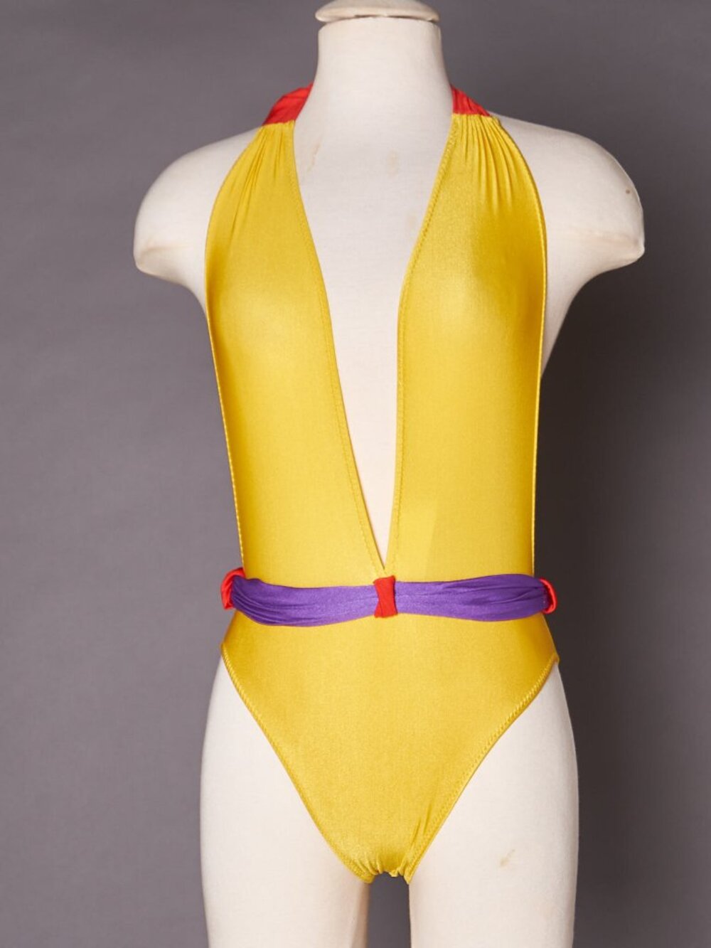 1980s Bright Color Block Bathing Suit Deep V Cut Swimsuit Deadstock